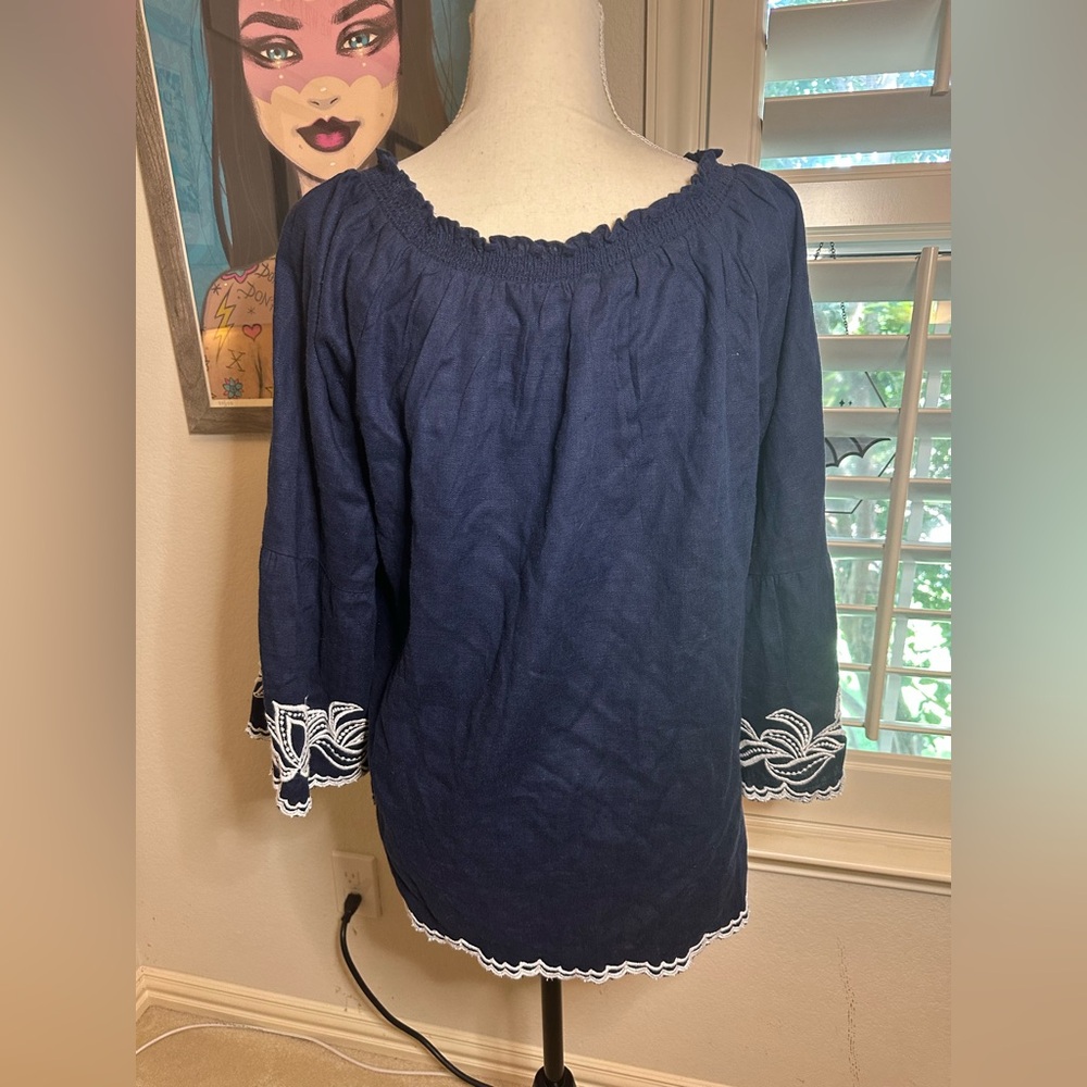 soft surroundings josey top navy white embroidery bell sleeve XL - Picture 5 of 7
